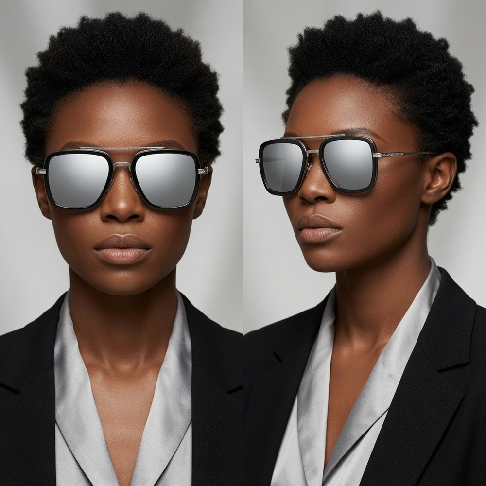 Square Sunglasses Silver Mirror Lens Black Frame Flat Top Women Modern Bold 2026